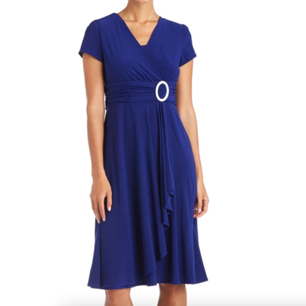 NWT R&M Faux Wrap Dress with Waist Embellishment Blue - Size 10